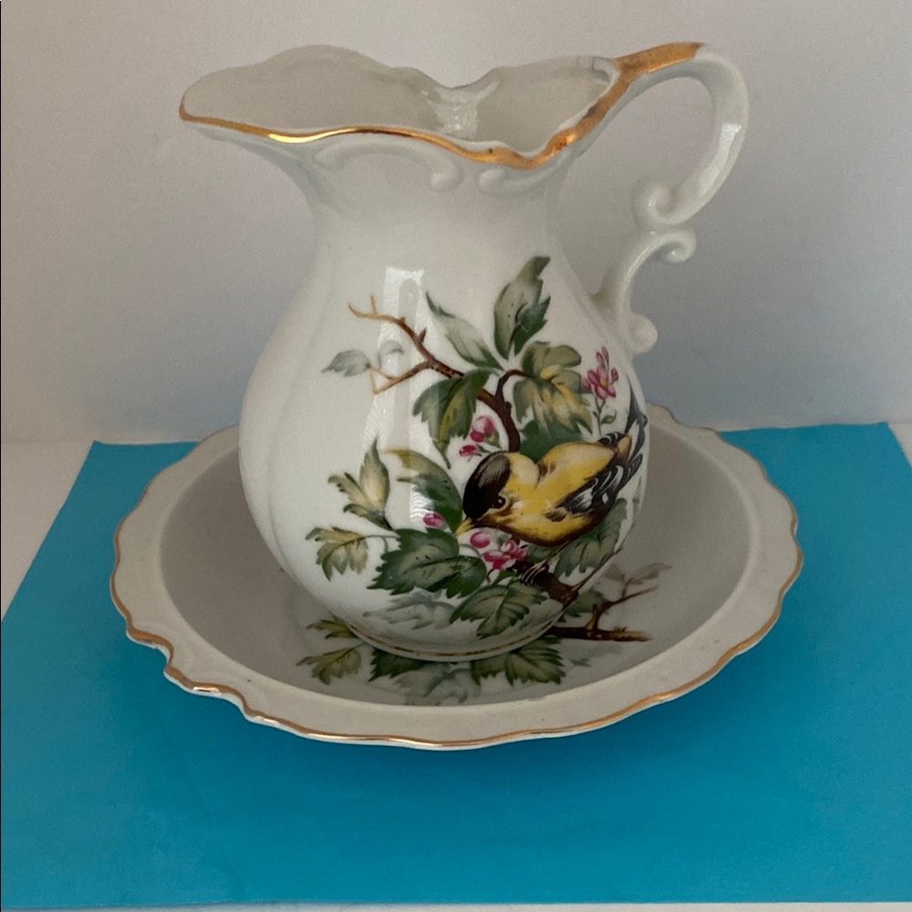 Vintage Norcrest Fine China Floral Pitcher and Bowl Set Gold Accents Bird L-391